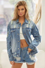 Load image into Gallery viewer, BiBi Pearl Detail Distressed Button Up Denim Jacket
